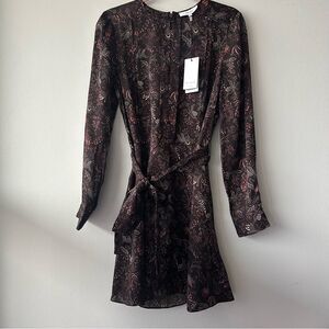Reiss Print Billie Floral Printed Mini Dress in brown and burgundy